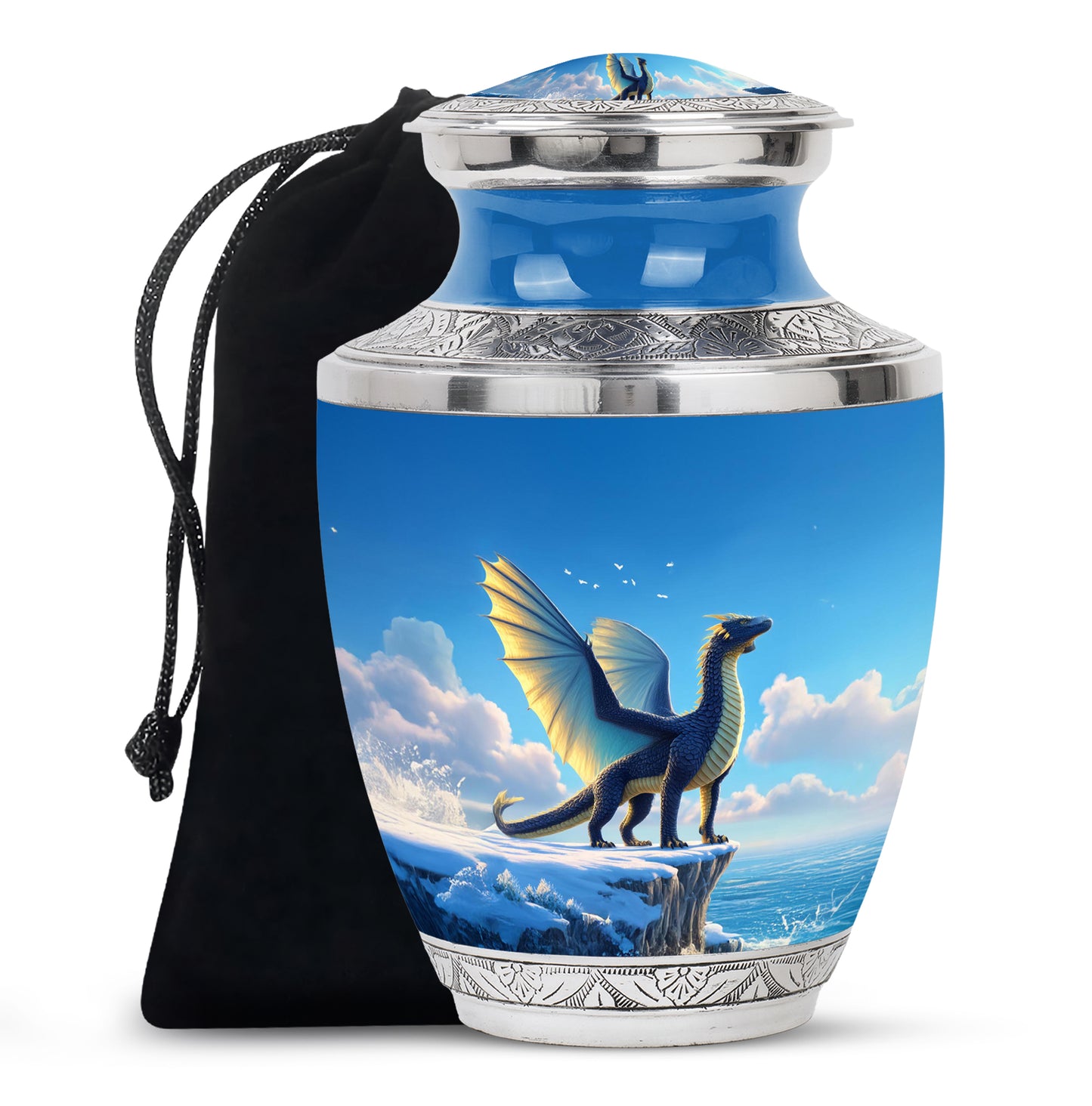 Vivid Blue Dragon Cremation Urn side profile showing urn shape - stylized abstract dragon pattern with bold lines - full-size 10 inch 200 cubic inch adult cremation urn