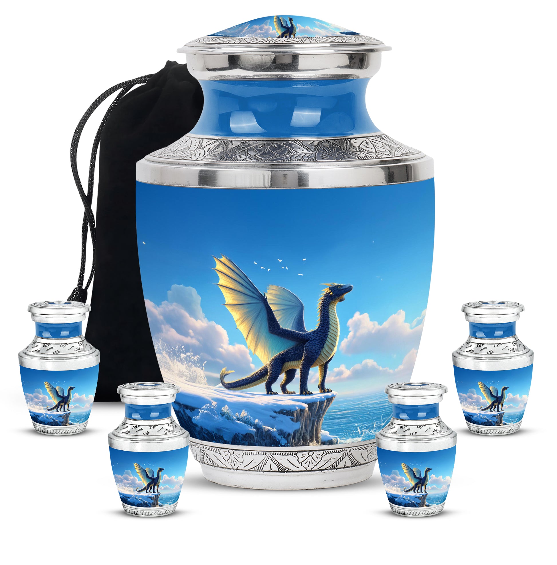 Royal Blue Dragon Cremation Urn lifestyle display on memorial shelf - artistic dragon interpretation with creative detail - memorial set with one large and four small urns
