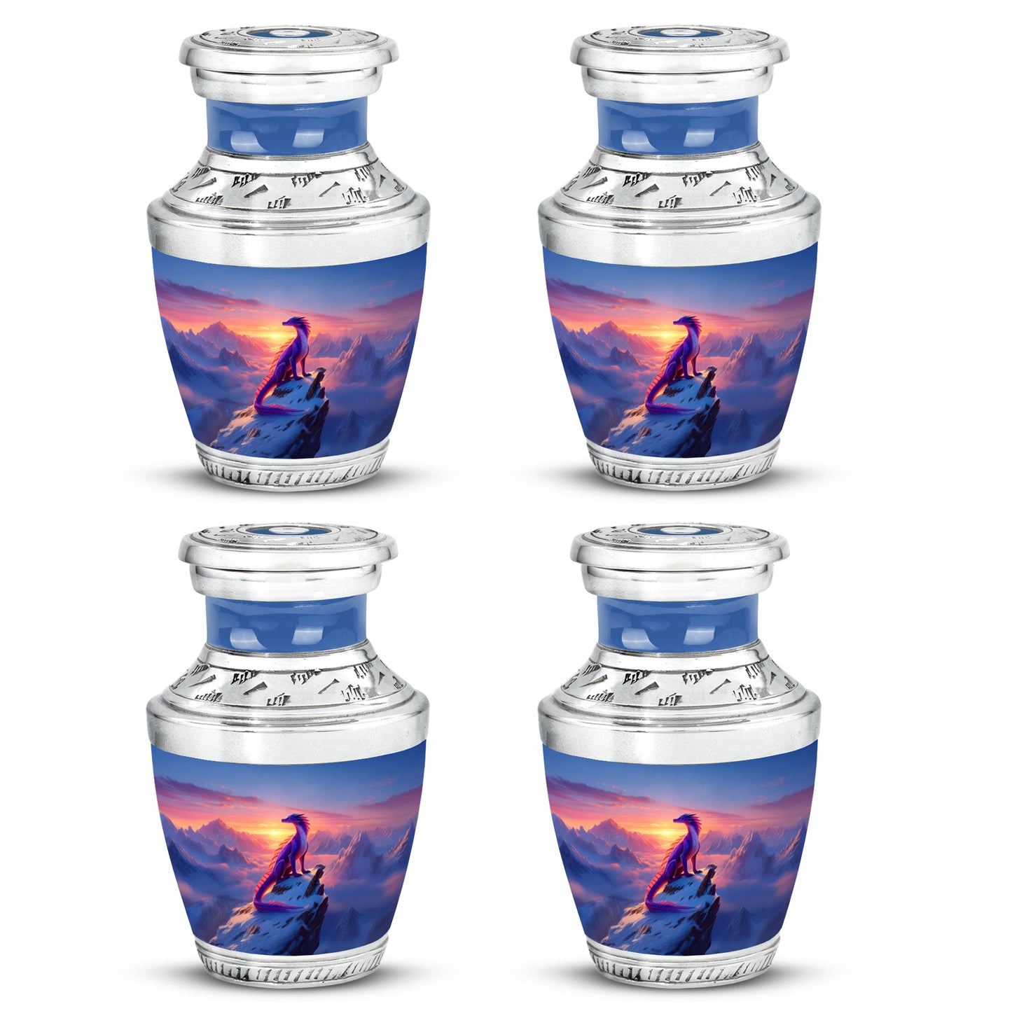 Misty Blue Dragon Cremation Urn back view with polished surface - modern art-inspired dragon motif on sleek aluminum - 10 inch aluminum urn for cremated remains