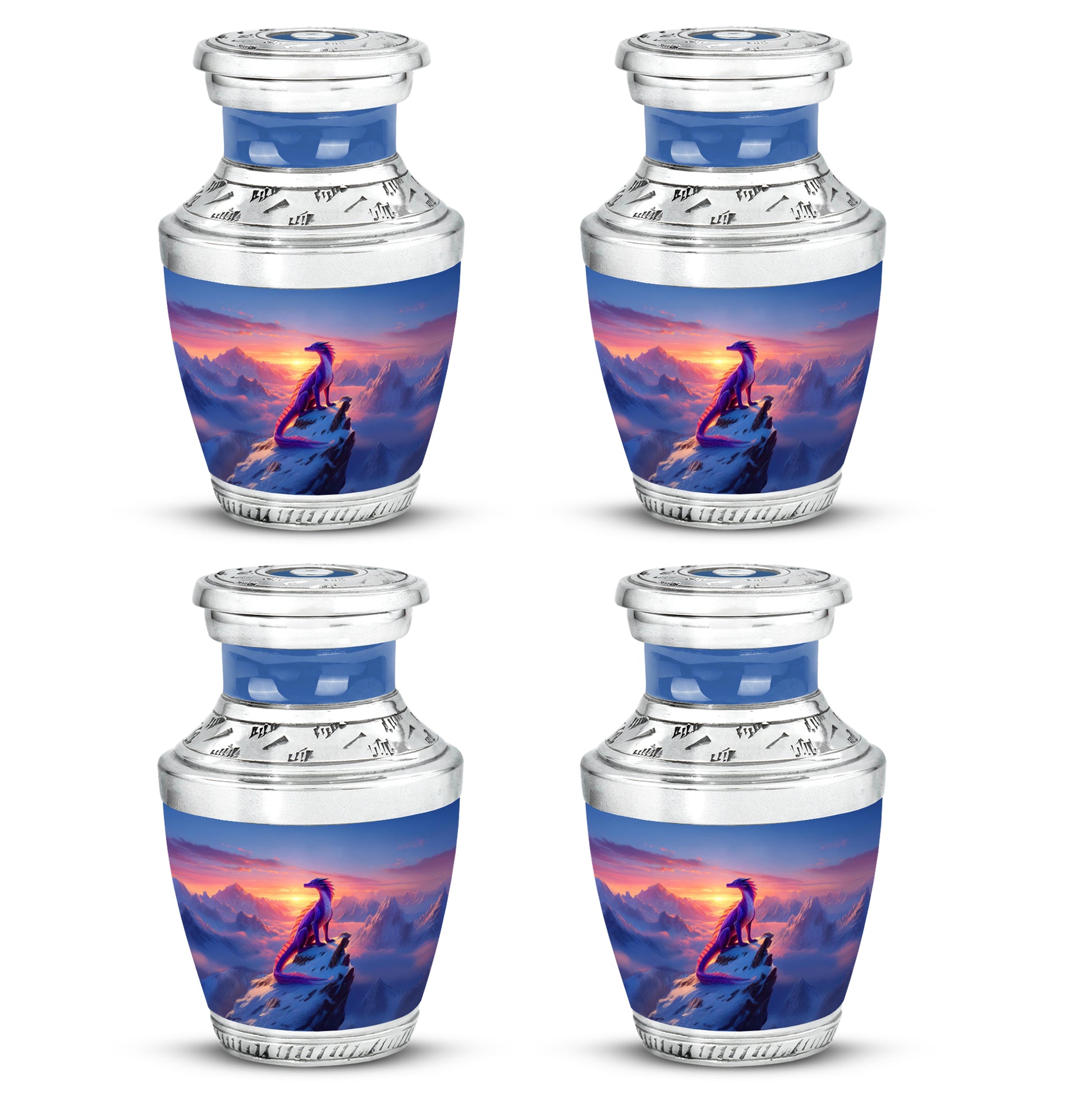 Misty Blue Dragon Cremation Urn back view with polished surface - modern art-inspired dragon motif on sleek aluminum - 10 inch aluminum urn for cremated remains