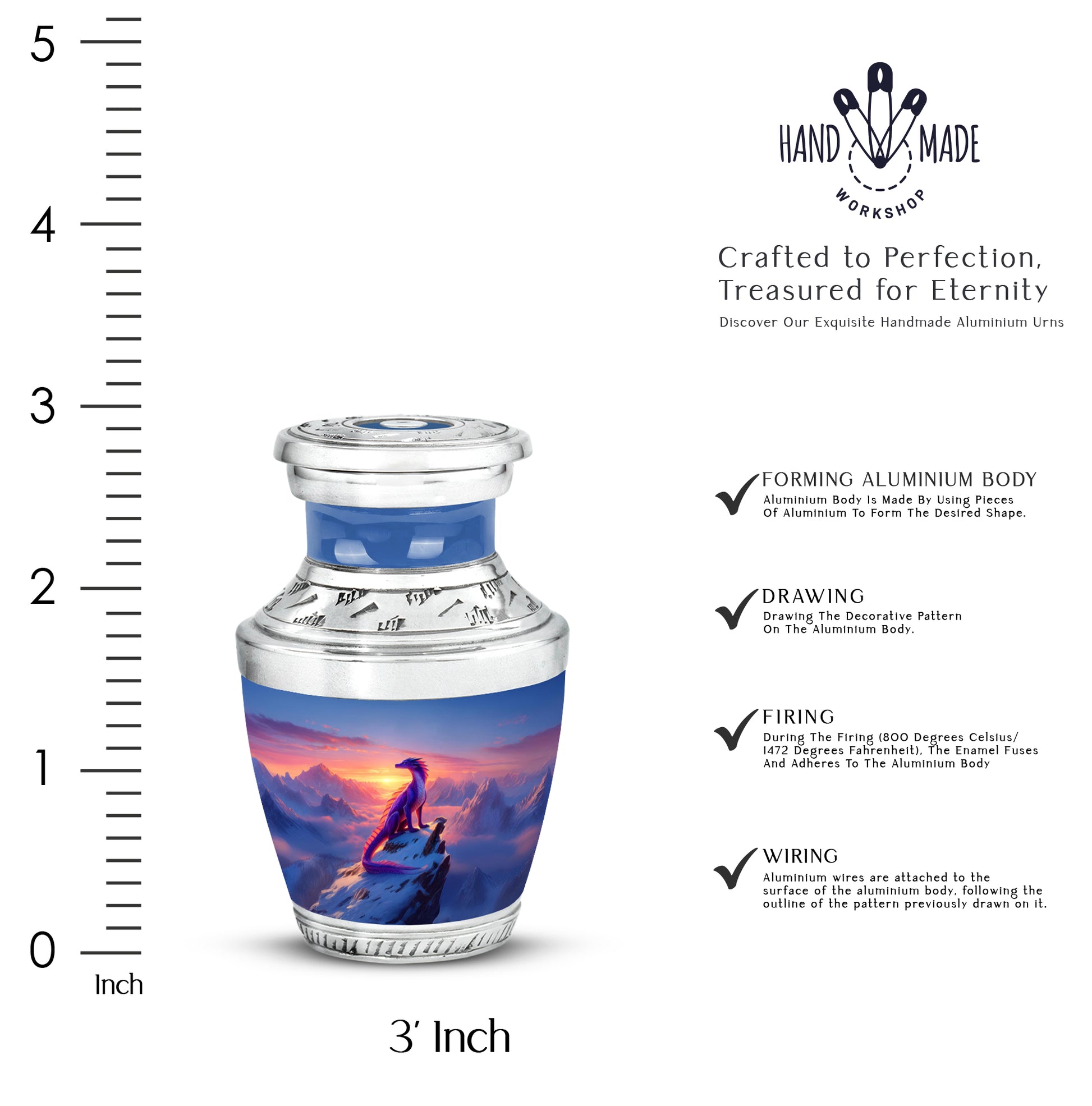 Pastel Blue Dragon Cremation Urn top-down view of secure threaded lid - contemporary dragon design with modern artistic flair - mini keepsake memorial for portion of cremation ashes