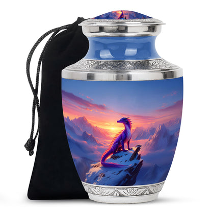 Indigo Dragon Cremation Urn side profile showing urn shape - contemporary dragon design with modern artistic flair - full-size 10 inch 200 cubic inch adult cremation urn