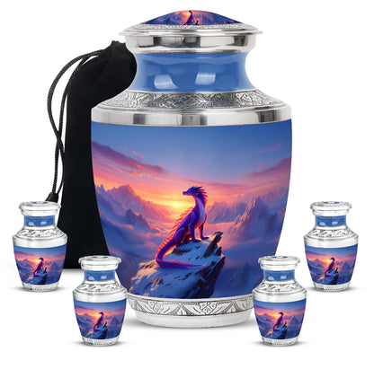 Sky Blue Dragon Cremation Urn lifestyle display on memorial shelf - contemporary dragon design with modern artistic flair - memorial set with one large and four small urns