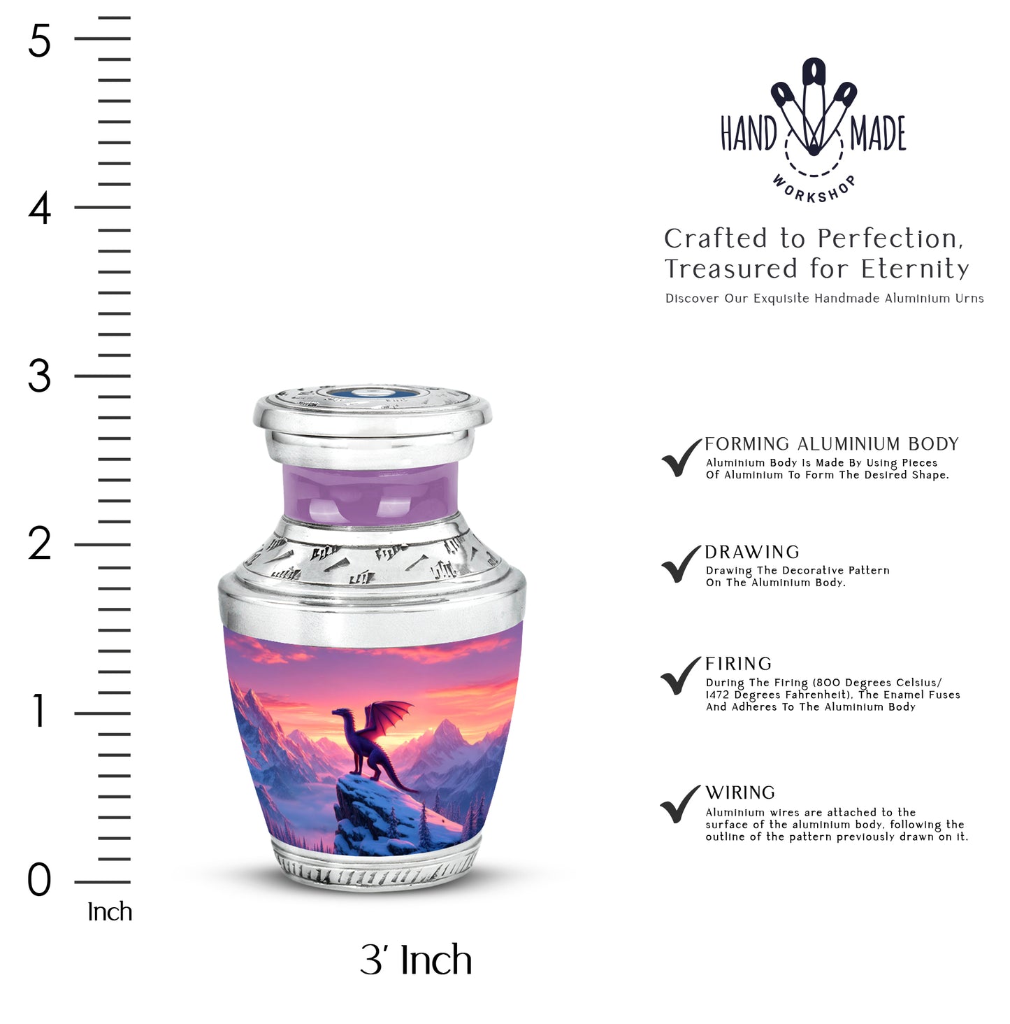 Salmon Pink Dragon Cremation Urn top-down view of secure threaded lid - stylized abstract dragon pattern with bold lines - mini keepsake memorial for portion of cremation ashes