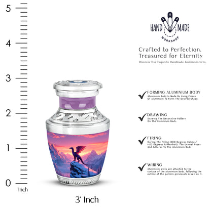Salmon Pink Dragon Cremation Urn top-down view of secure threaded lid - stylized abstract dragon pattern with bold lines - mini keepsake memorial for portion of cremation ashes