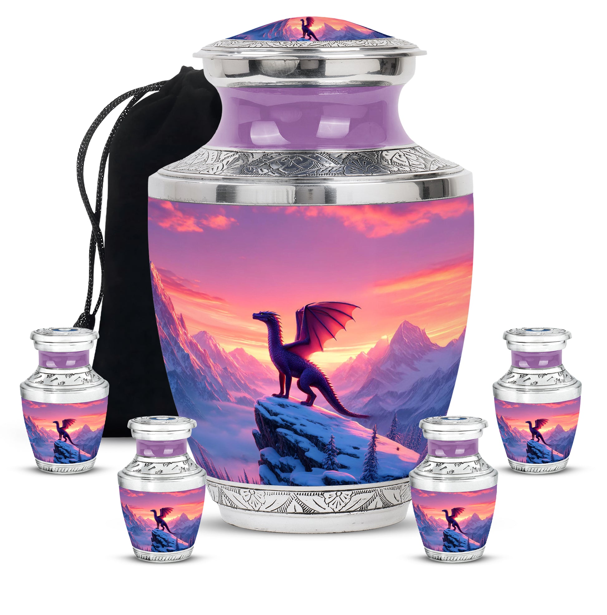 Rose Pink Dragon Cremation Urn lifestyle display on memorial shelf - contemporary dragon design with modern artistic flair - memorial set with one large and four small urns