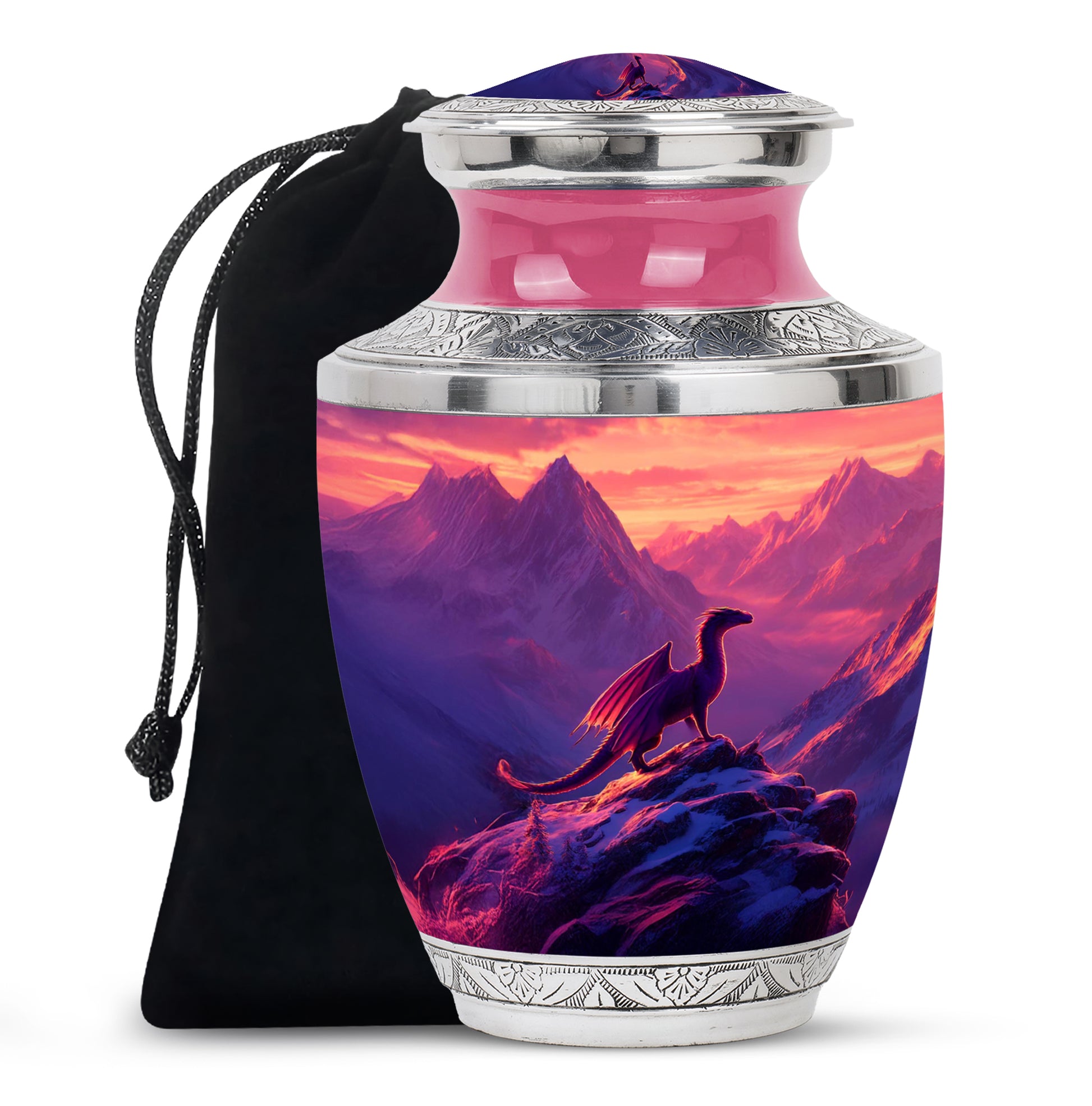 Lavender Purple Dragon Cremation Urn side profile showing urn shape - stylized abstract dragon pattern with bold lines - full-size 10 inch 200 cubic inch adult cremation urn