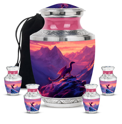 Violet Purple Dragon Cremation Urn lifestyle display on memorial shelf - stylized abstract dragon pattern with bold lines - memorial set with one large and four small urns