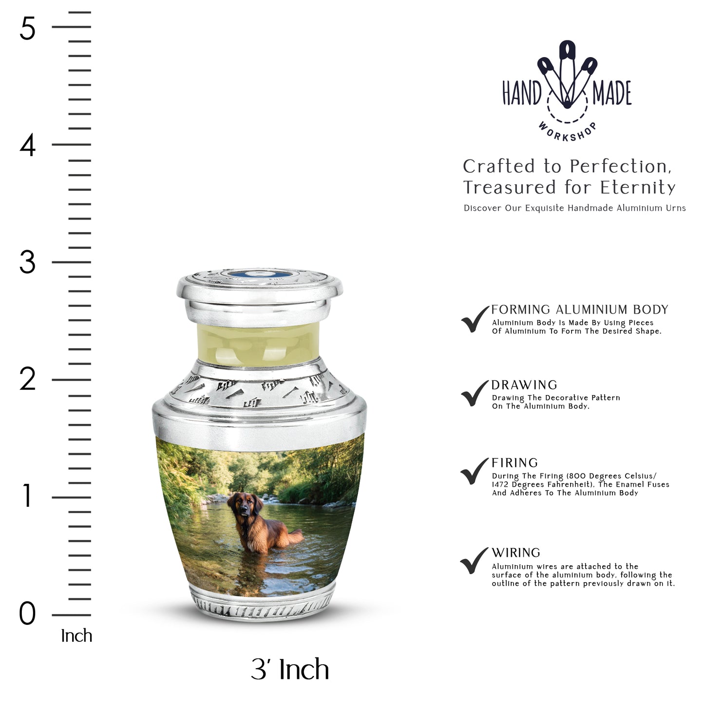 Hunter Green Dog Cremation Urn top-down view of secure threaded lid - artistic dog interpretation with creative detail - mini keepsake memorial for portion of cremation ashes