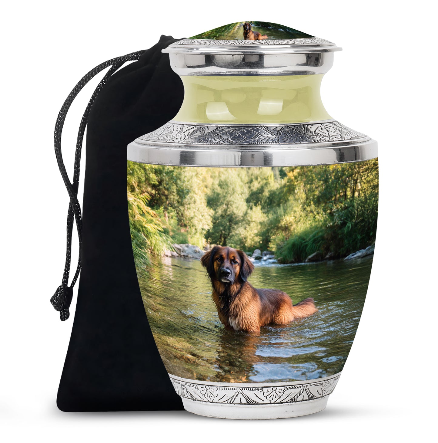Sage Green Dog Cremation Urn side profile showing urn shape - modern art-inspired dog motif on sleek aluminum - full-size 10 inch 200 cubic inch adult cremation urn