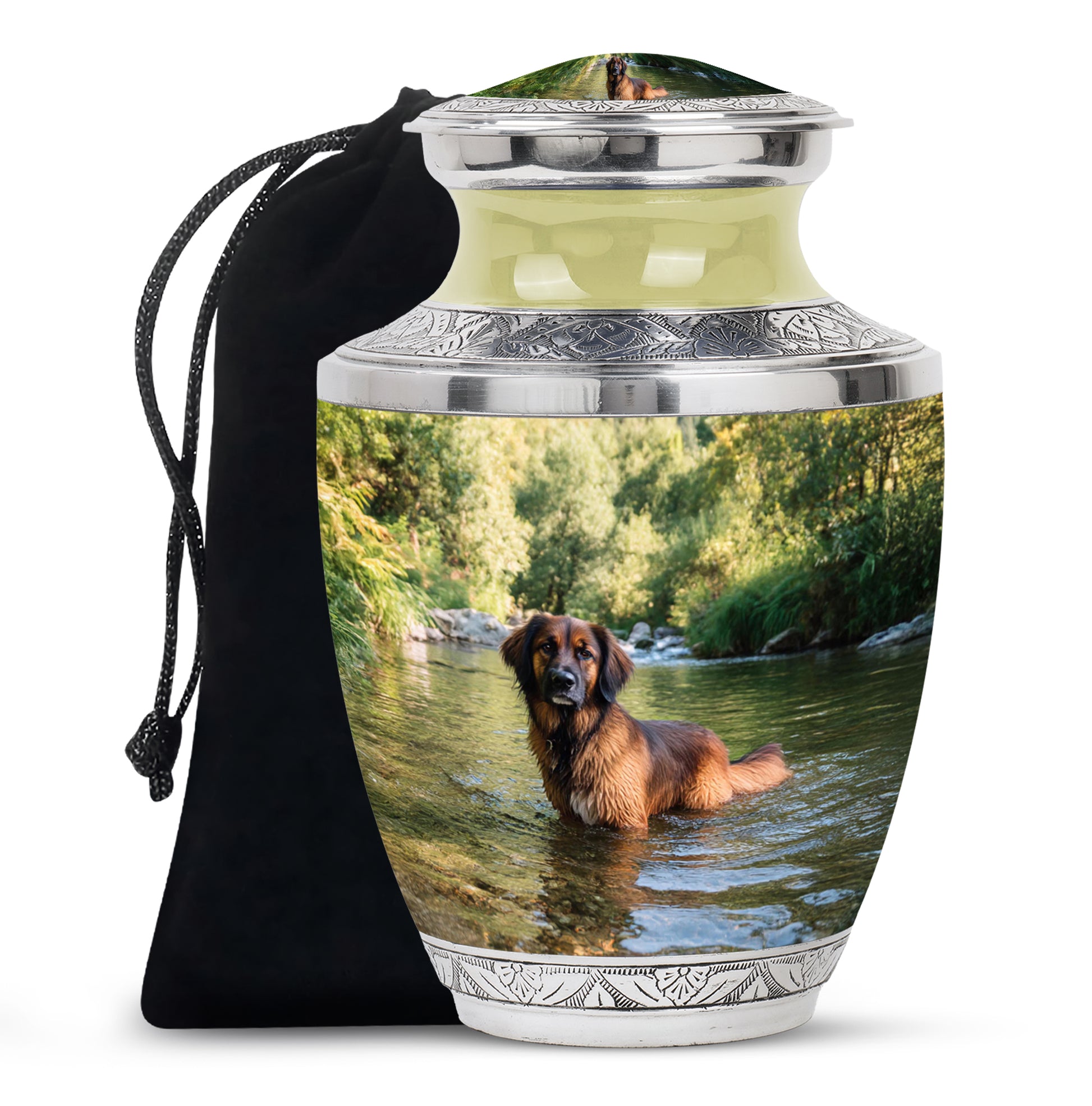 Sage Green Dog Cremation Urn side profile showing urn shape - modern art-inspired dog motif on sleek aluminum - full-size 10 inch 200 cubic inch adult cremation urn