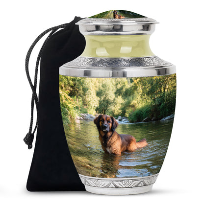 Sage Green Dog Cremation Urn side profile showing urn shape - modern art-inspired dog motif on sleek aluminum - full-size 10 inch 200 cubic inch adult cremation urn