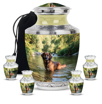 Olive Green Dog Cremation Urn lifestyle display on memorial shelf - stylized abstract dog pattern with bold lines - memorial set with one large and four small urns