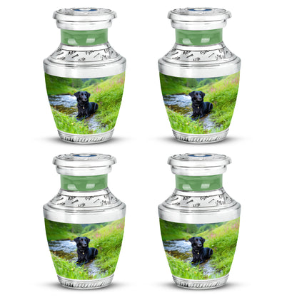 Jewel Teal Dog Cremation Urn back view with polished surface - contemporary dog design with modern artistic flair - 10 inch aluminum urn for cremated remains