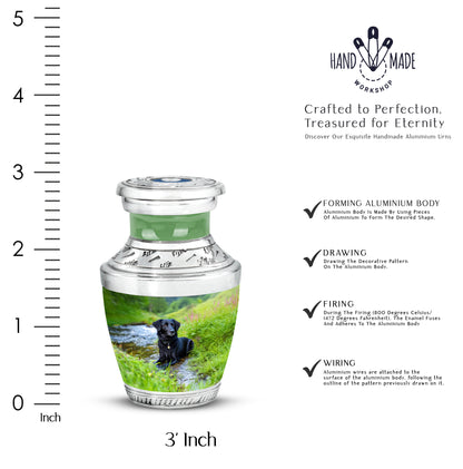 Aqua Teal Dog Cremation Urn top-down view of secure threaded lid - stylized abstract dog pattern with bold lines - mini keepsake memorial for portion of cremation ashes