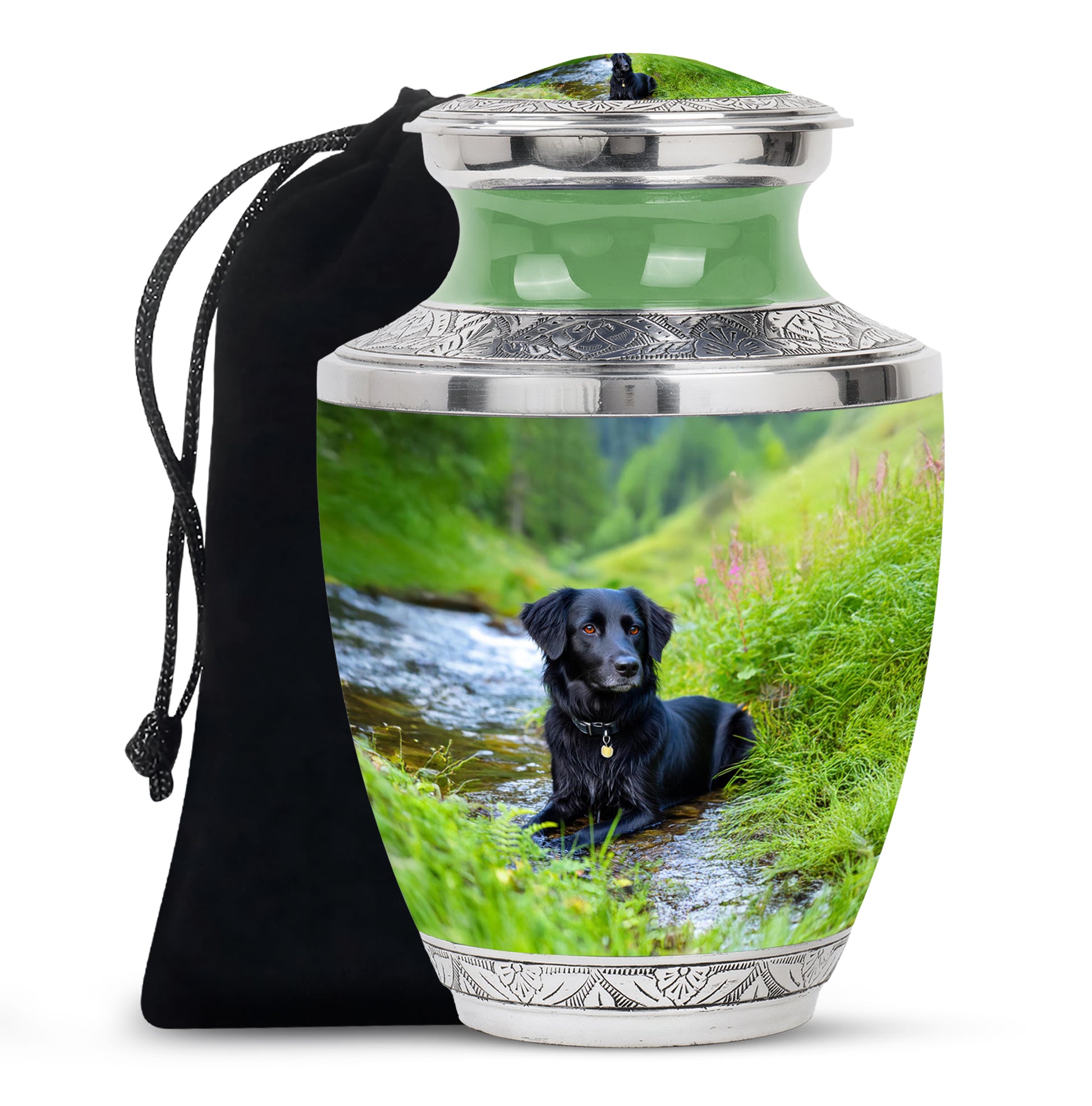 Ocean Teal Dog Cremation Urn side profile showing urn shape - contemporary dog design with modern artistic flair - full-size 10 inch 200 cubic inch adult cremation urn