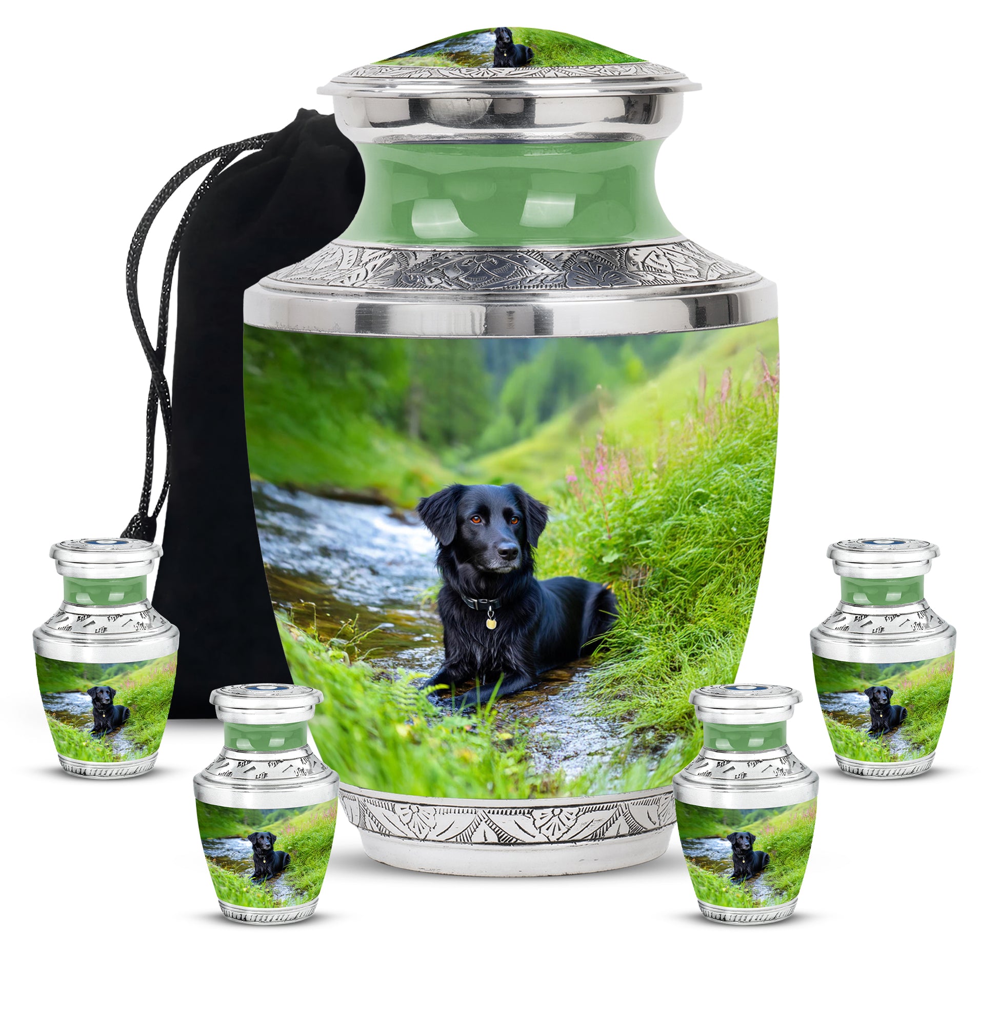 Aqua Teal Dog Cremation Urn lifestyle display on memorial shelf - stylized abstract dog pattern with bold lines - memorial set with one large and four small urns