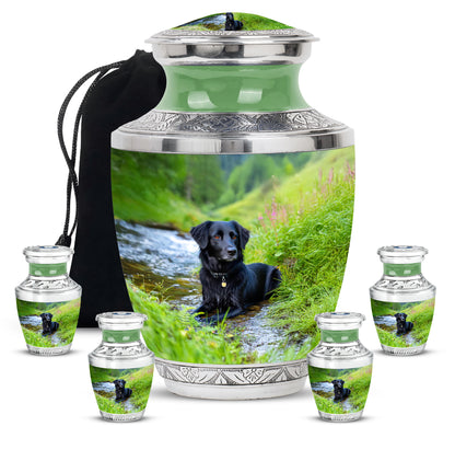 Aqua Teal Dog Cremation Urn lifestyle display on memorial shelf - stylized abstract dog pattern with bold lines - memorial set with one large and four small urns