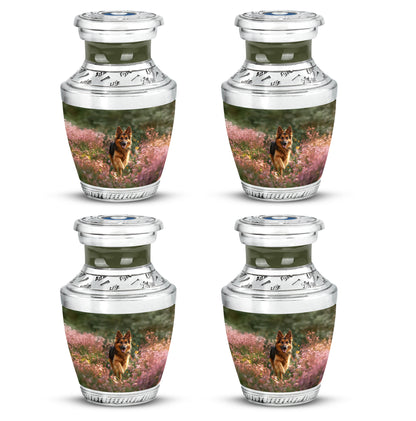 Amber Yellow Dog Cremation Urn back view with polished surface - contemporary dog design with modern artistic flair - 10 inch aluminum urn for cremated remains