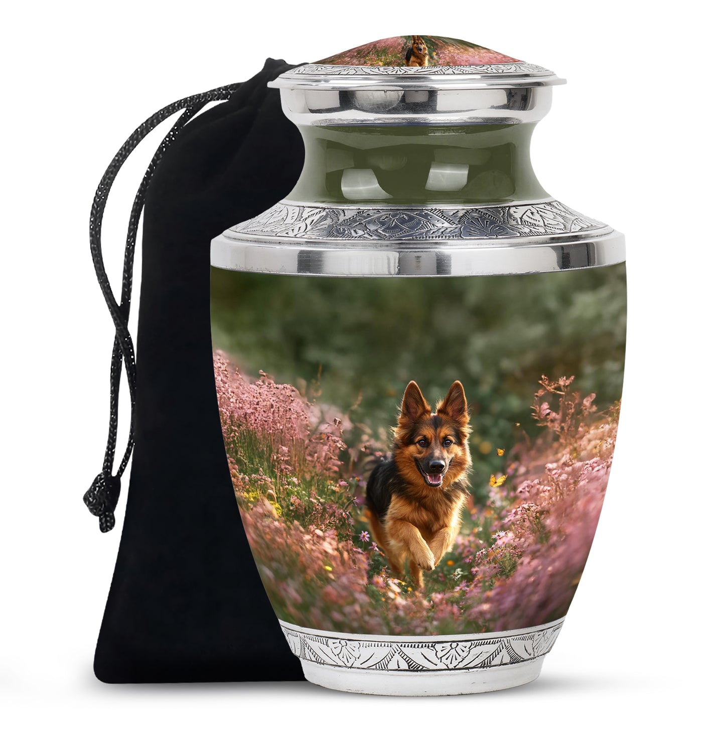 Buttercup Yellow Dog Cremation Urn side profile showing urn shape - modern art-inspired dog motif on sleek aluminum - full-size 10 inch 200 cubic inch adult cremation urn
