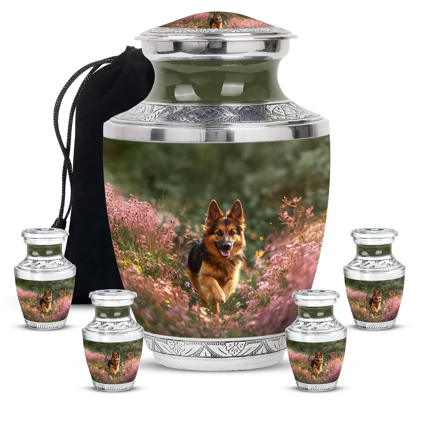 Harvest Yellow Dog Cremation Urn lifestyle display on memorial shelf - modern art-inspired dog motif on sleek aluminum - memorial set with one large and four small urns