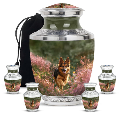 Harvest Yellow Dog Cremation Urn lifestyle display on memorial shelf - modern art-inspired dog motif on sleek aluminum - memorial set with one large and four small urns