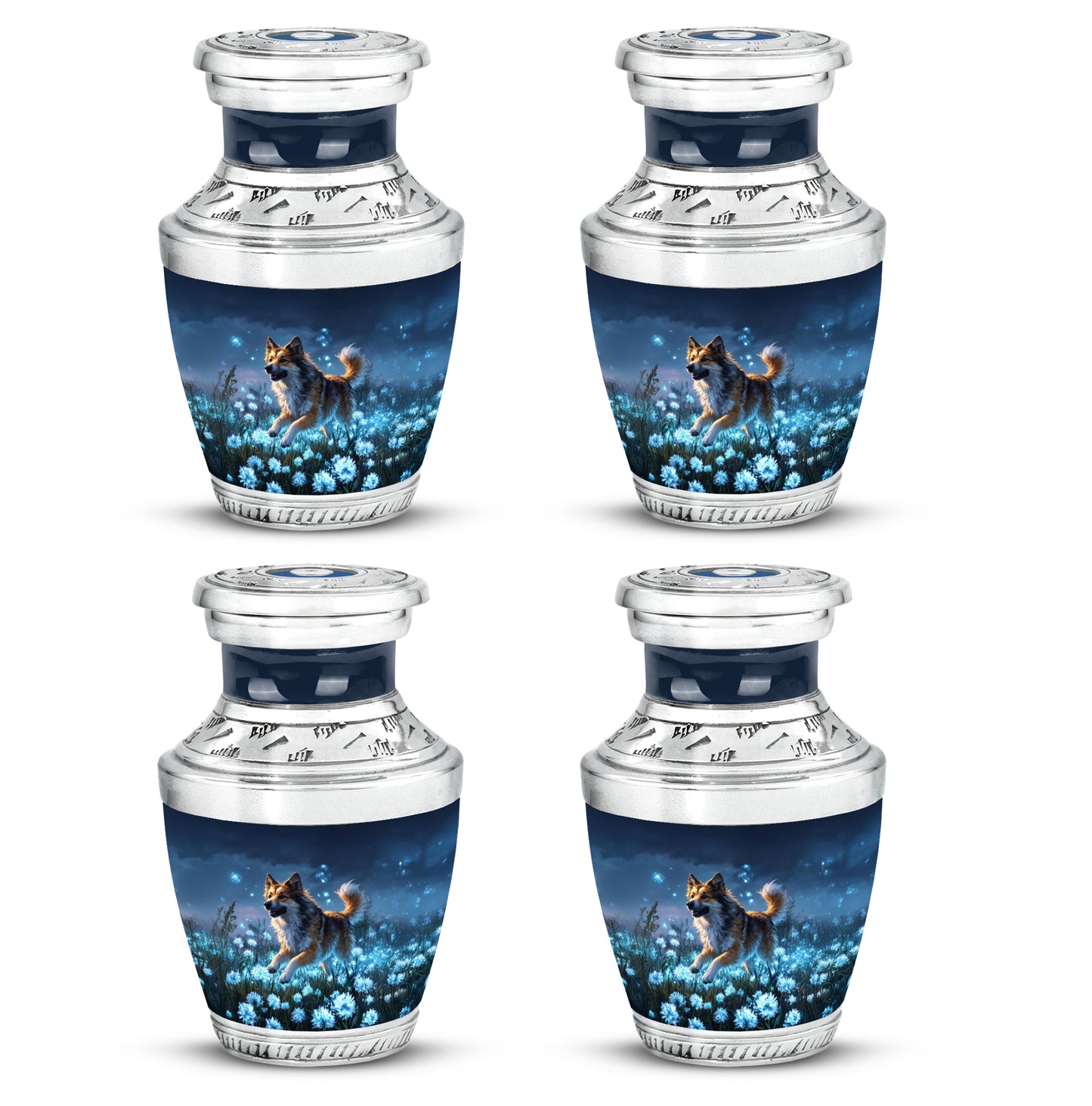 Vivid Blue Dog Cremation Urn back view with polished surface - artistic dog interpretation with creative detail - 10 inch aluminum urn for cremated remains
