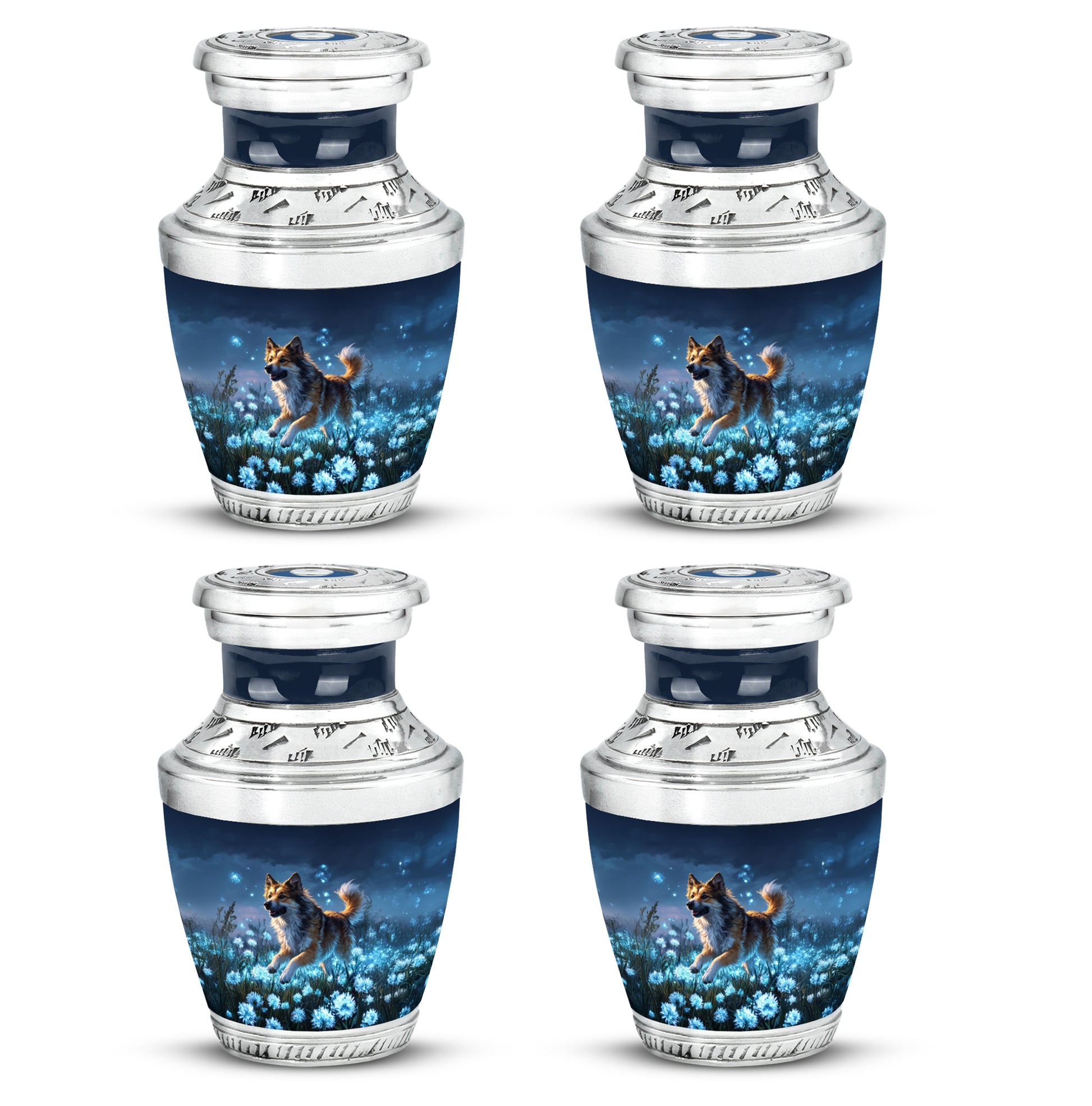 Vivid Blue Dog Cremation Urn back view with polished surface - artistic dog interpretation with creative detail - 10 inch aluminum urn for cremated remains