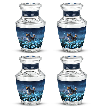 Vivid Blue Dog Cremation Urn back view with polished surface - artistic dog interpretation with creative detail - 10 inch aluminum urn for cremated remains