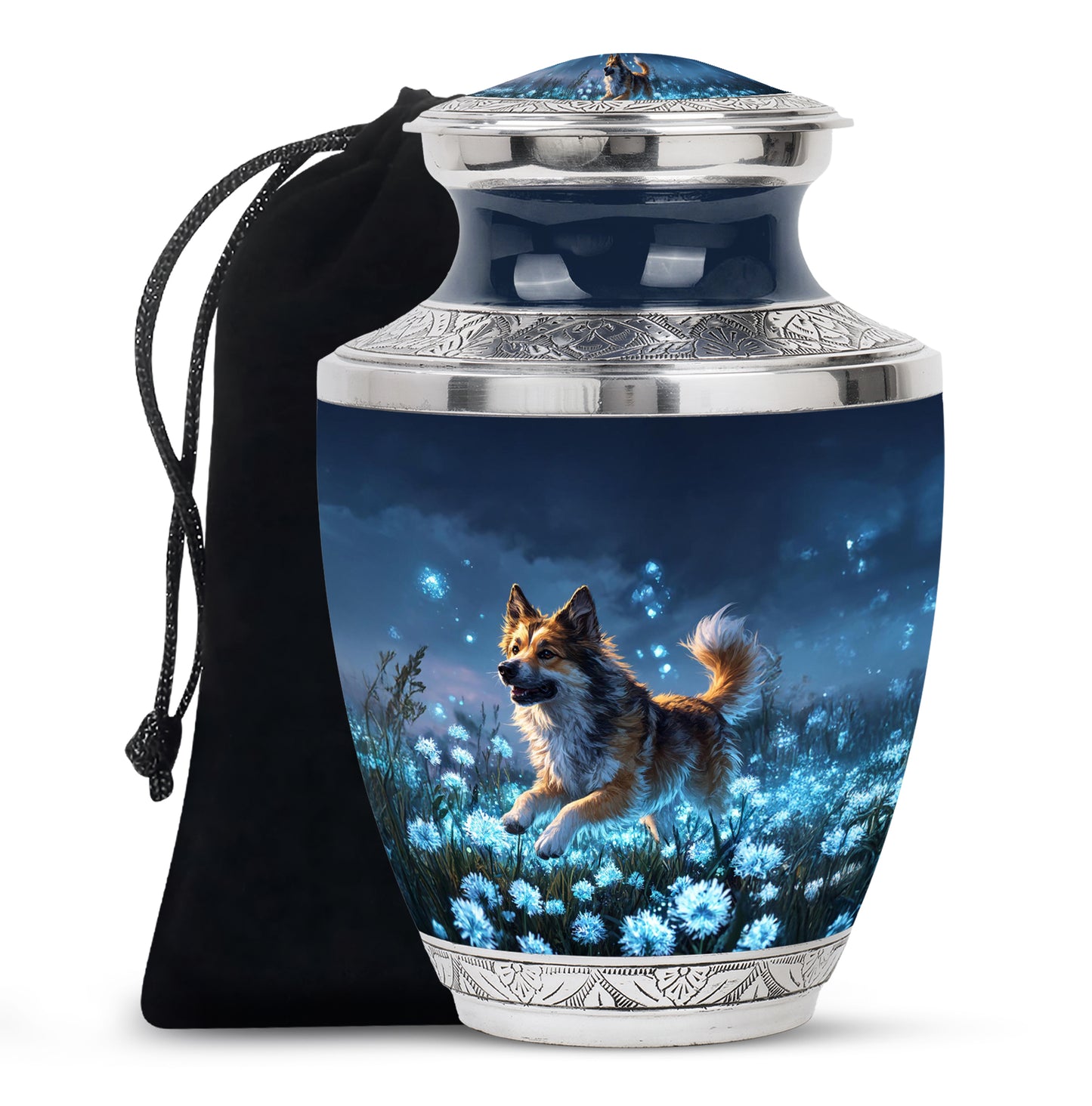 Indigo Dog Cremation Urn side profile showing urn shape - contemporary dog design with modern artistic flair - full-size 10 inch 200 cubic inch adult cremation urn