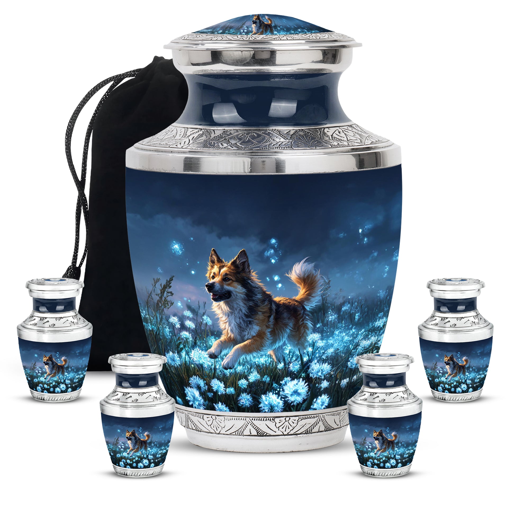 Azure Dog Cremation Urn lifestyle display on memorial shelf - modern art-inspired dog motif on sleek aluminum - memorial set with one large and four small urns