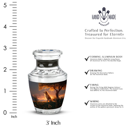 Rich Black Dog Cremation Urn top-down view of secure threaded lid - modern art-inspired dog motif on sleek aluminum - mini keepsake memorial for portion of cremation ashes