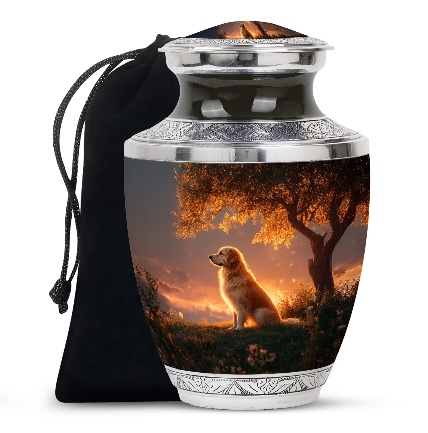 Obsidian Black Dog Cremation Urn side profile showing urn shape - stylized abstract dog pattern with bold lines - full-size 10 inch 200 cubic inch adult cremation urn