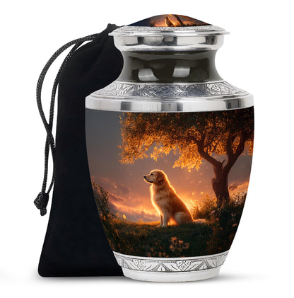 Obsidian Black Dog Cremation Urn side profile showing urn shape - stylized abstract dog pattern with bold lines - full-size 10 inch 200 cubic inch adult cremation urn