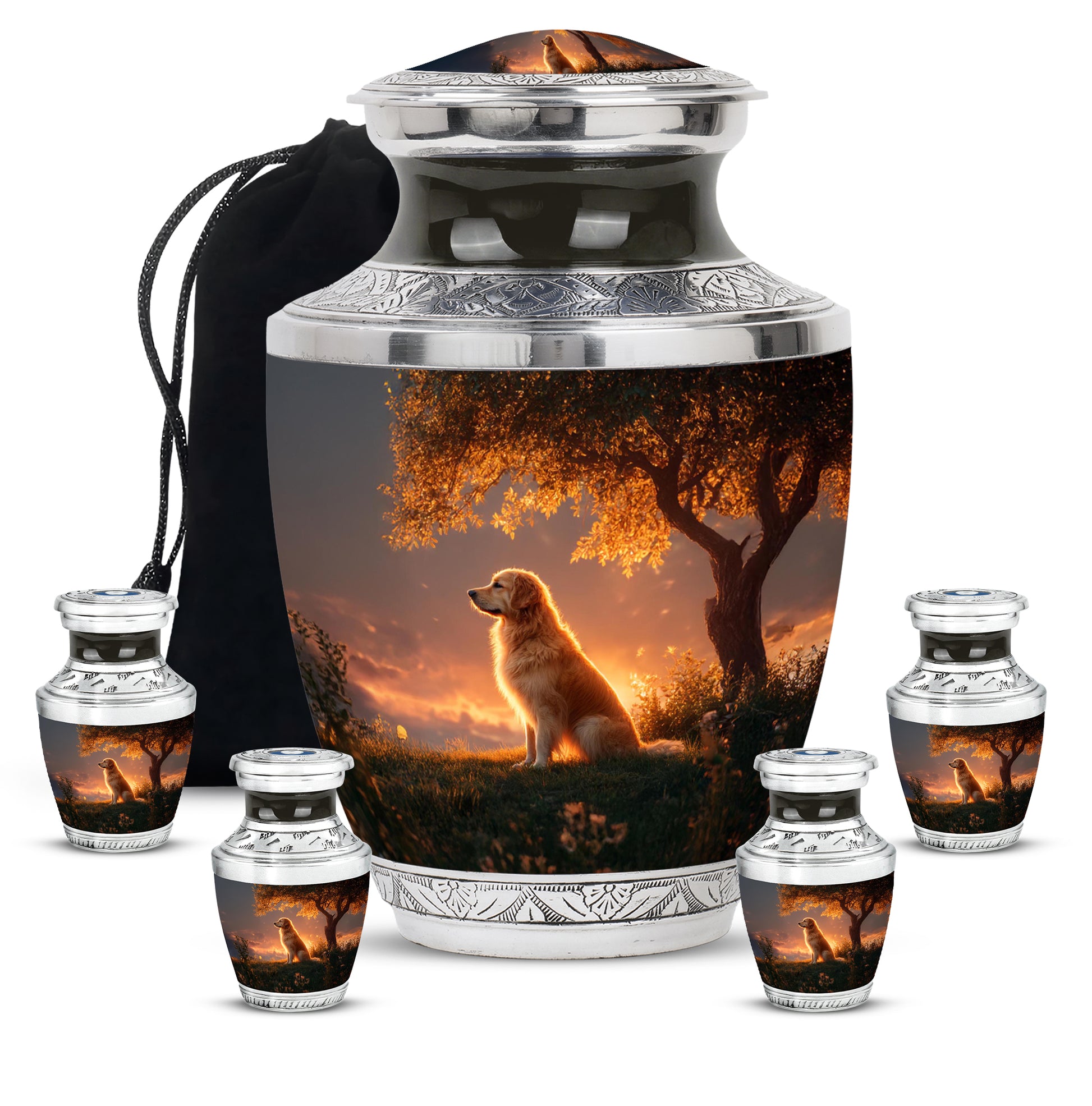 Ebony Dog Cremation Urn lifestyle display on memorial shelf - contemporary dog design with modern artistic flair - memorial set with one large and four small urns