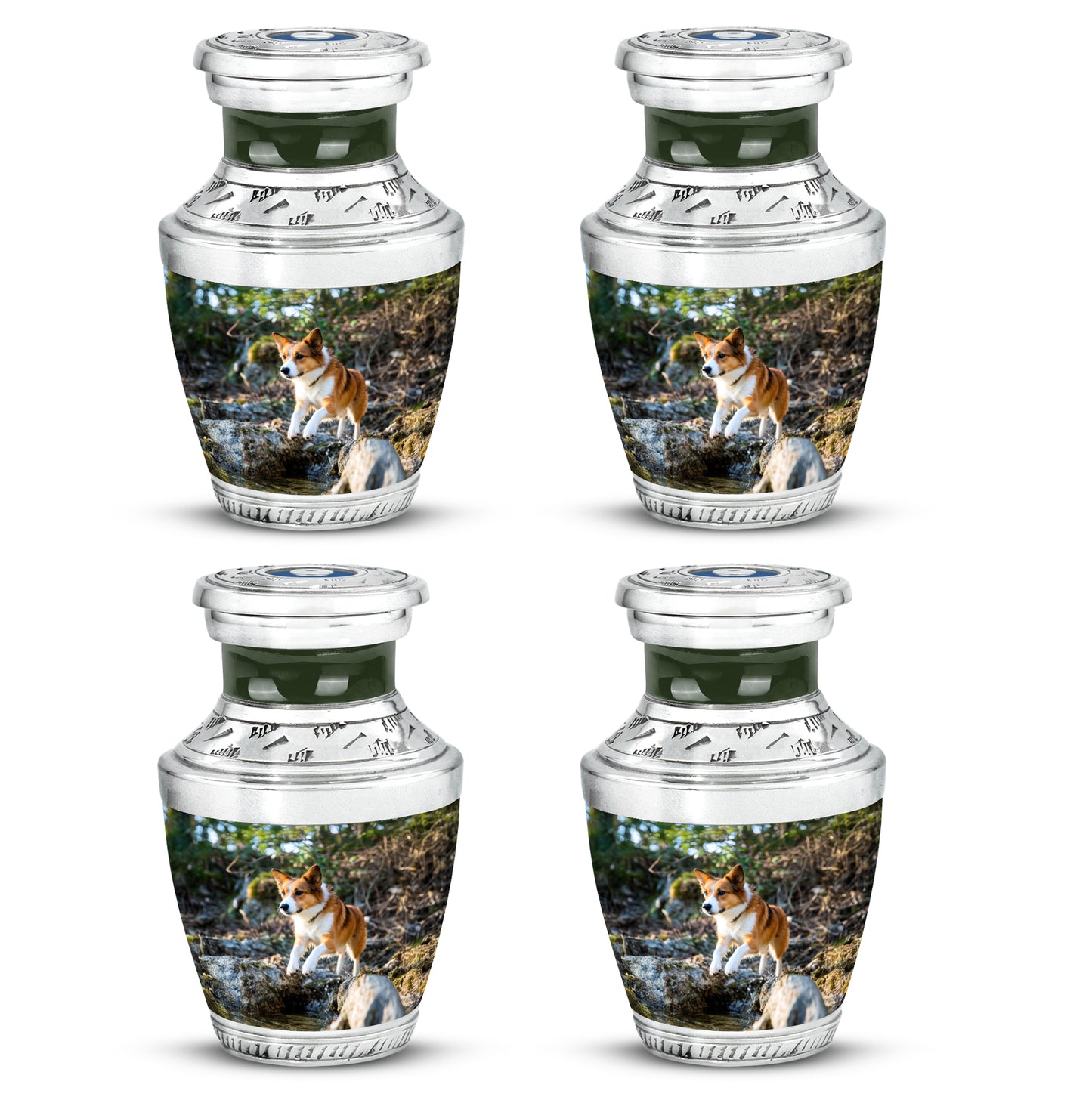 Hunter Green Dog Cremation Urn back view with polished surface - stylized abstract dog pattern with bold lines - 10 inch aluminum urn for cremated remains