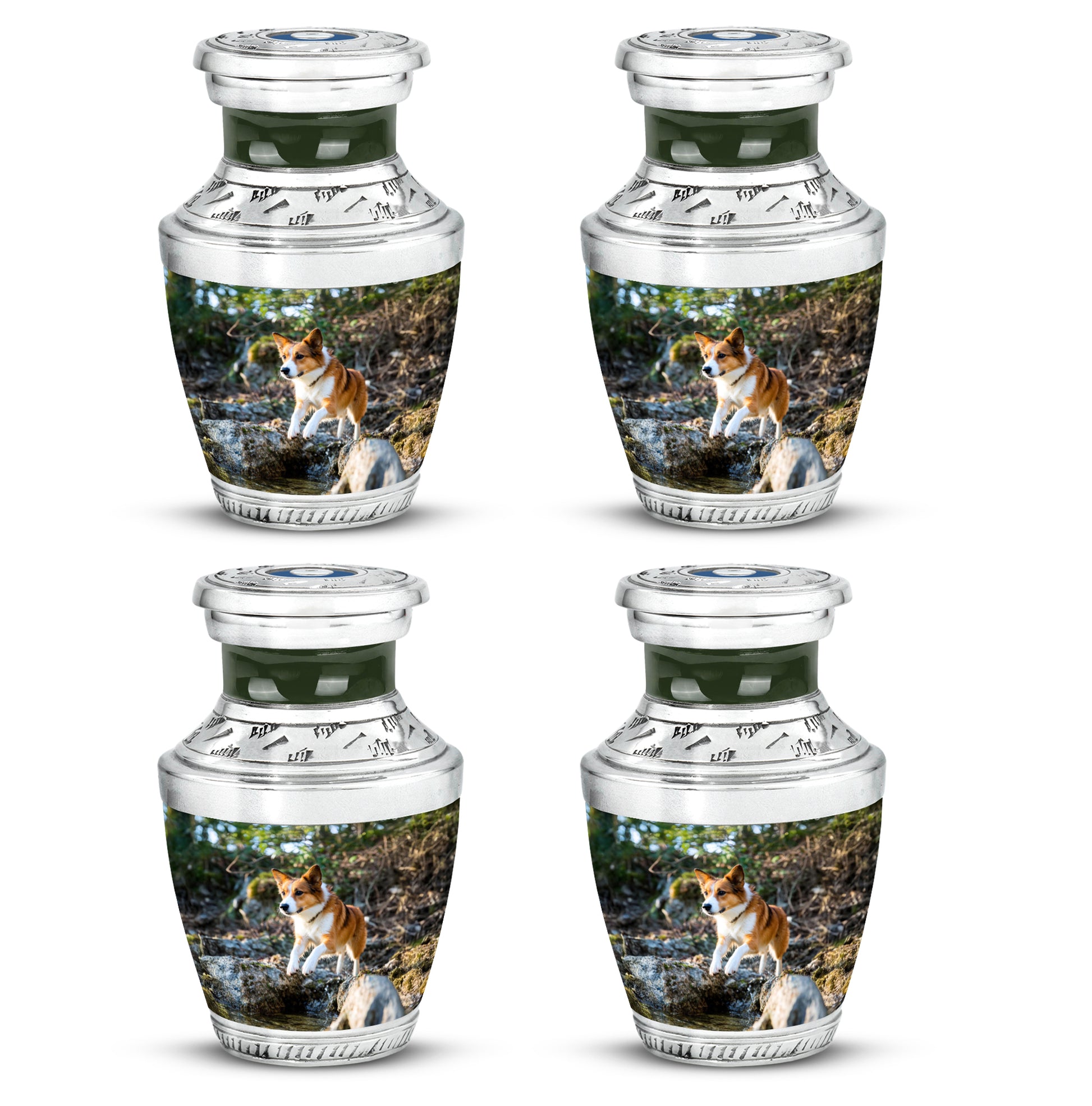 Hunter Green Dog Cremation Urn back view with polished surface - stylized abstract dog pattern with bold lines - 10 inch aluminum urn for cremated remains