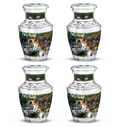 Hunter Green Dog Cremation Urn back view with polished surface - stylized abstract dog pattern with bold lines - 10 inch aluminum urn for cremated remains