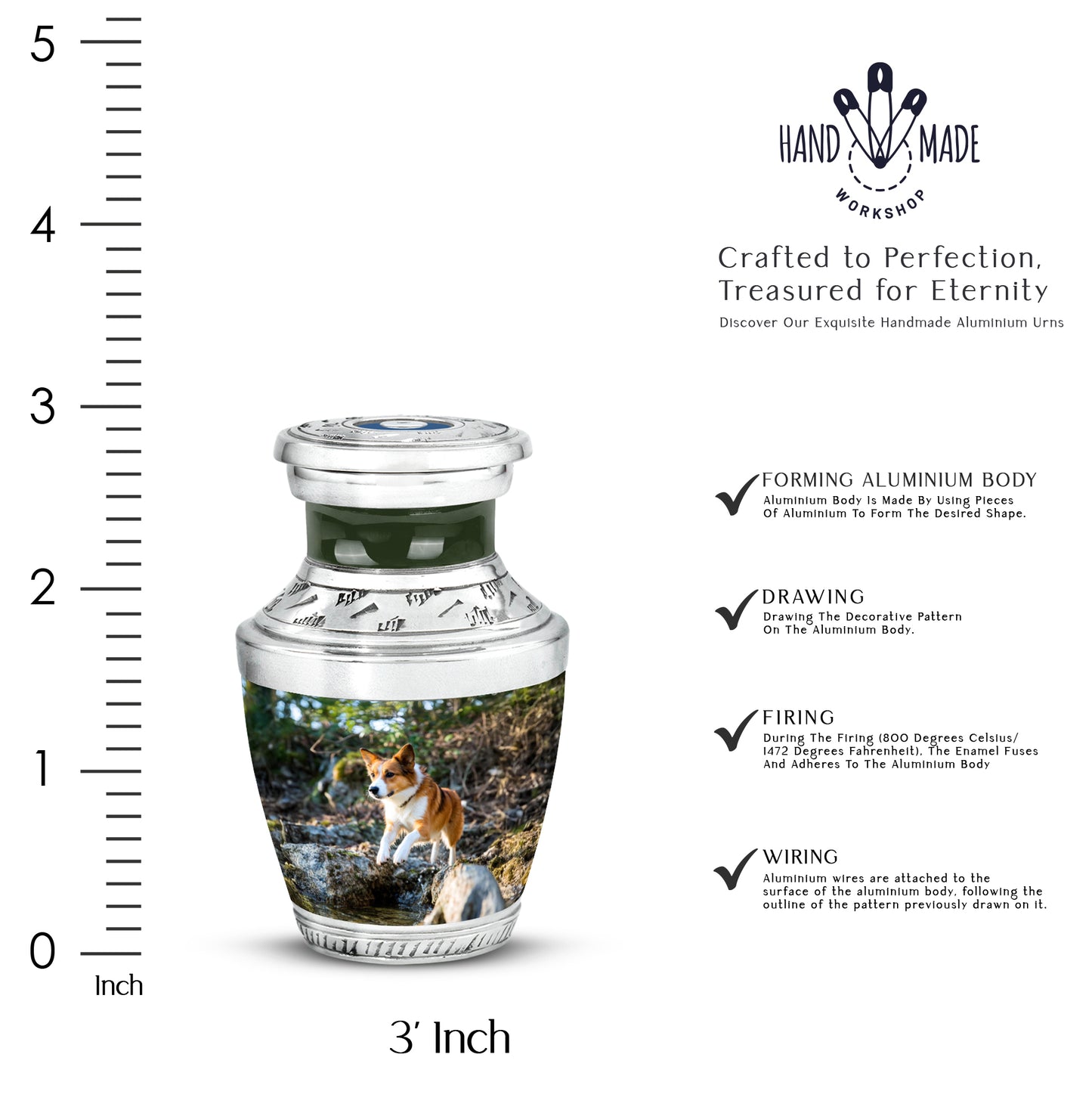 Emerald Green Dog Cremation Urn top-down view of secure threaded lid - modern art-inspired dog motif on sleek aluminum - mini keepsake memorial for portion of cremation ashes