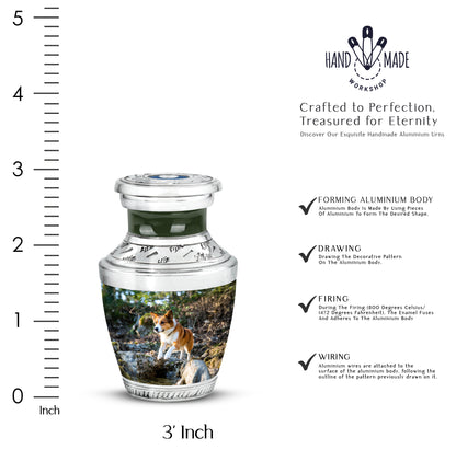 Emerald Green Dog Cremation Urn top-down view of secure threaded lid - modern art-inspired dog motif on sleek aluminum - mini keepsake memorial for portion of cremation ashes