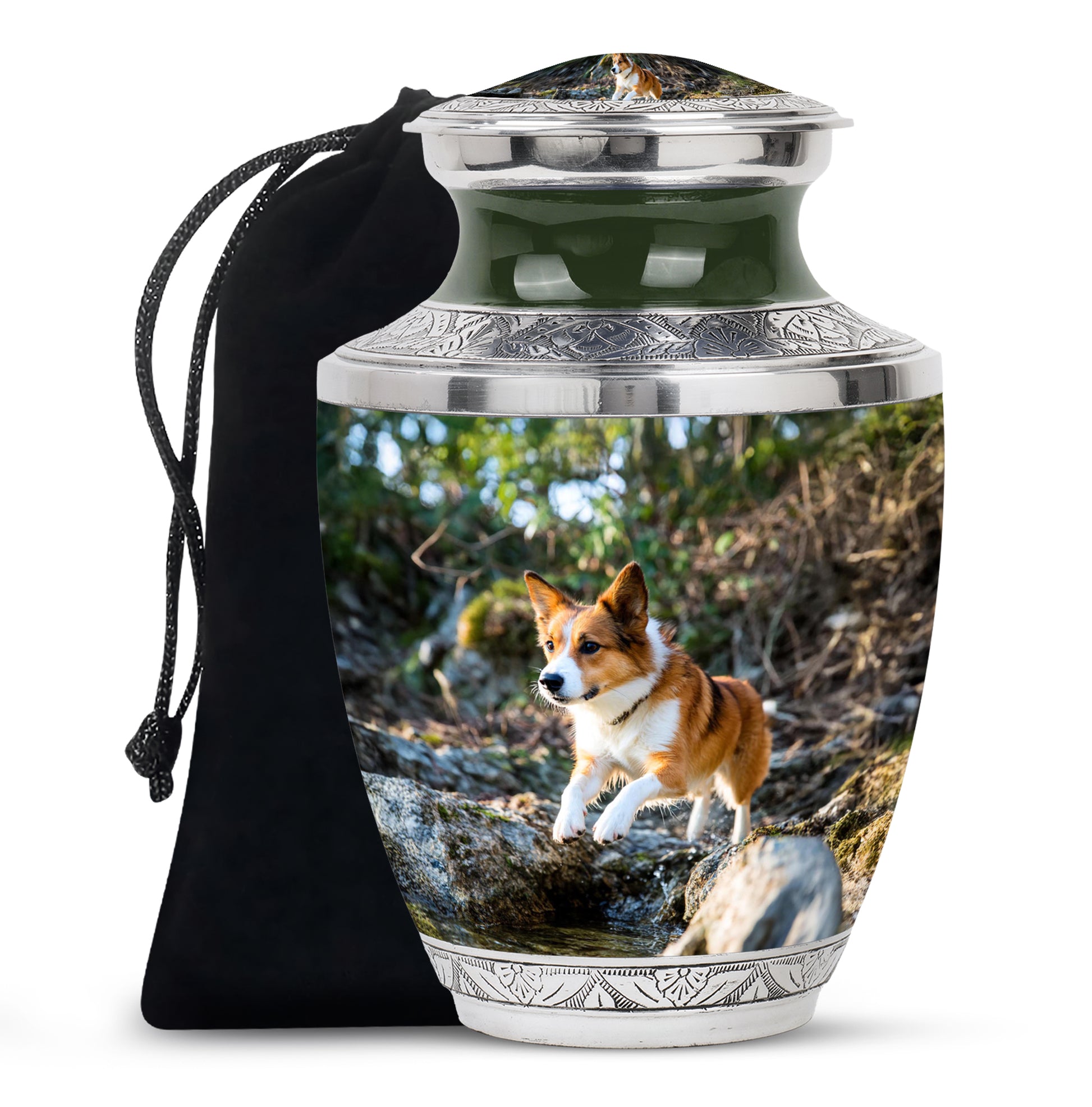 Moss Green Dog Cremation Urn side profile showing urn shape - modern art-inspired dog motif on sleek aluminum - full-size 10 inch 200 cubic inch adult cremation urn