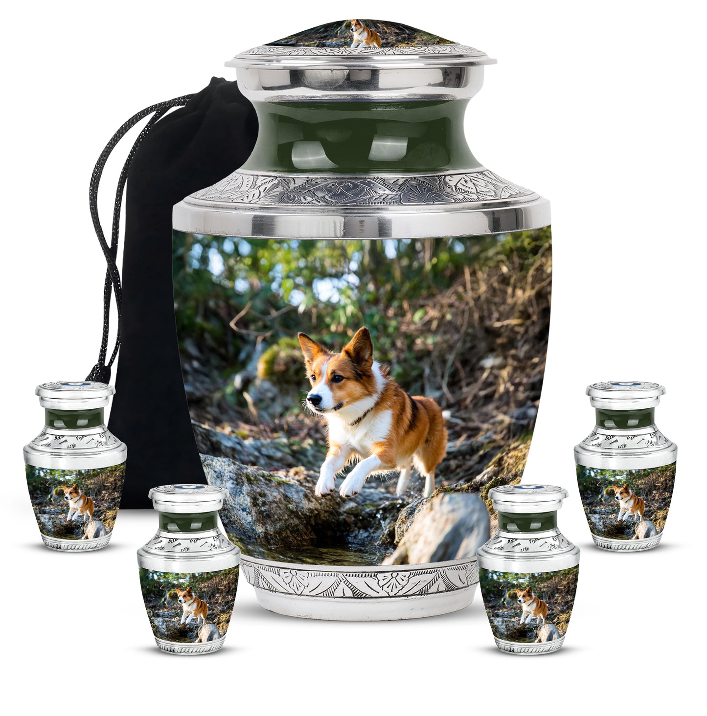 Moss Green Dog Cremation Urn lifestyle display on memorial shelf - contemporary dog design with modern artistic flair - memorial set with one large and four small urns