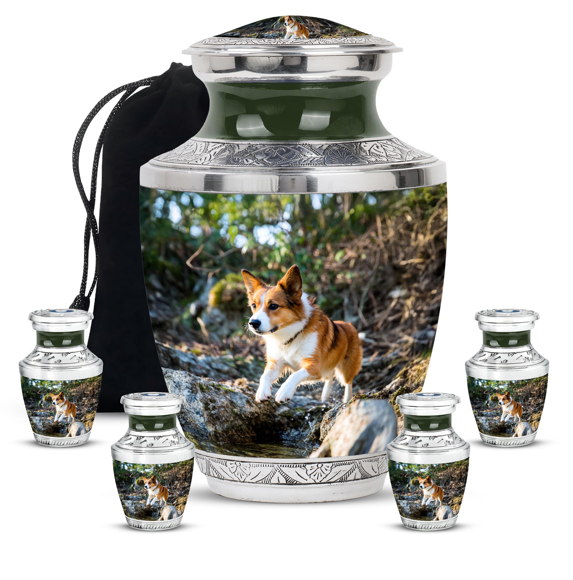 Moss Green Dog Cremation Urn lifestyle display on memorial shelf - contemporary dog design with modern artistic flair - memorial set with one large and four small urns