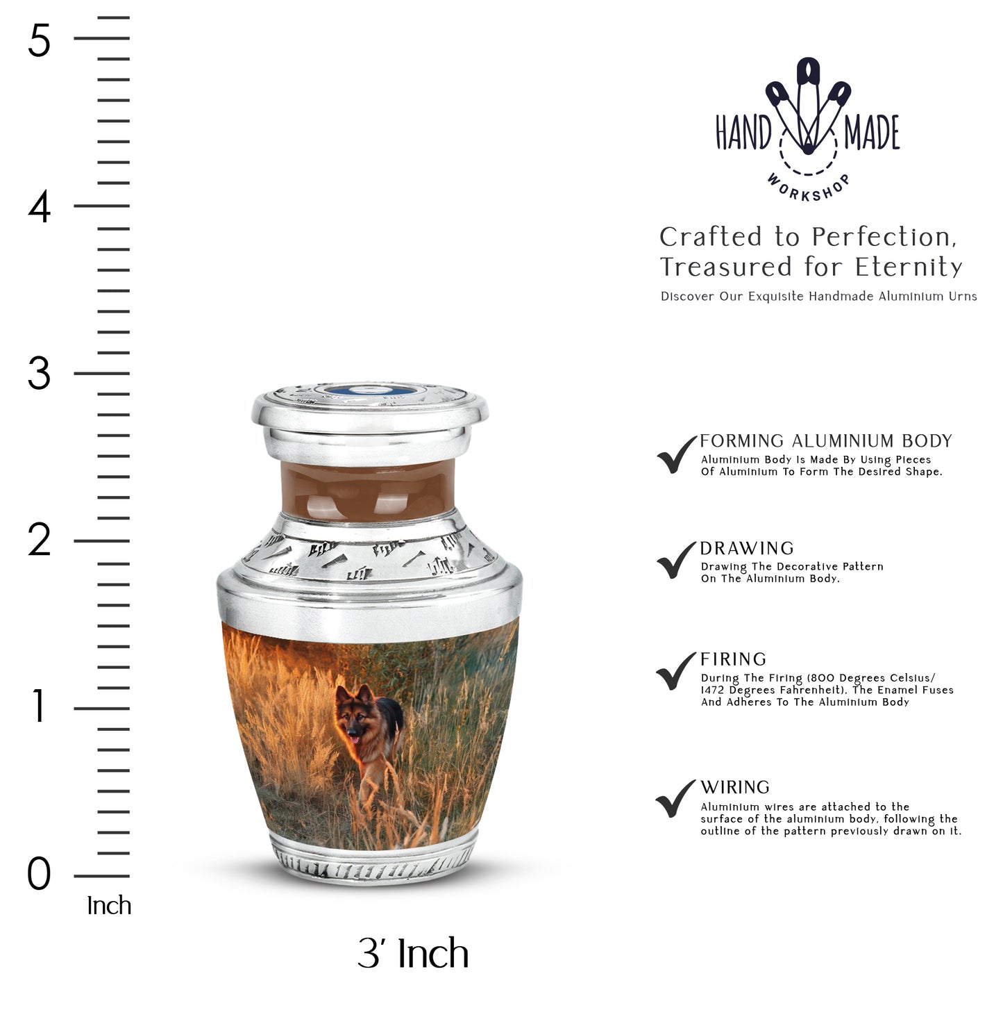 Harvest Gold Dog Cremation Urn top-down view of secure threaded lid - stylized abstract dog pattern with bold lines - mini keepsake memorial for portion of cremation ashes
