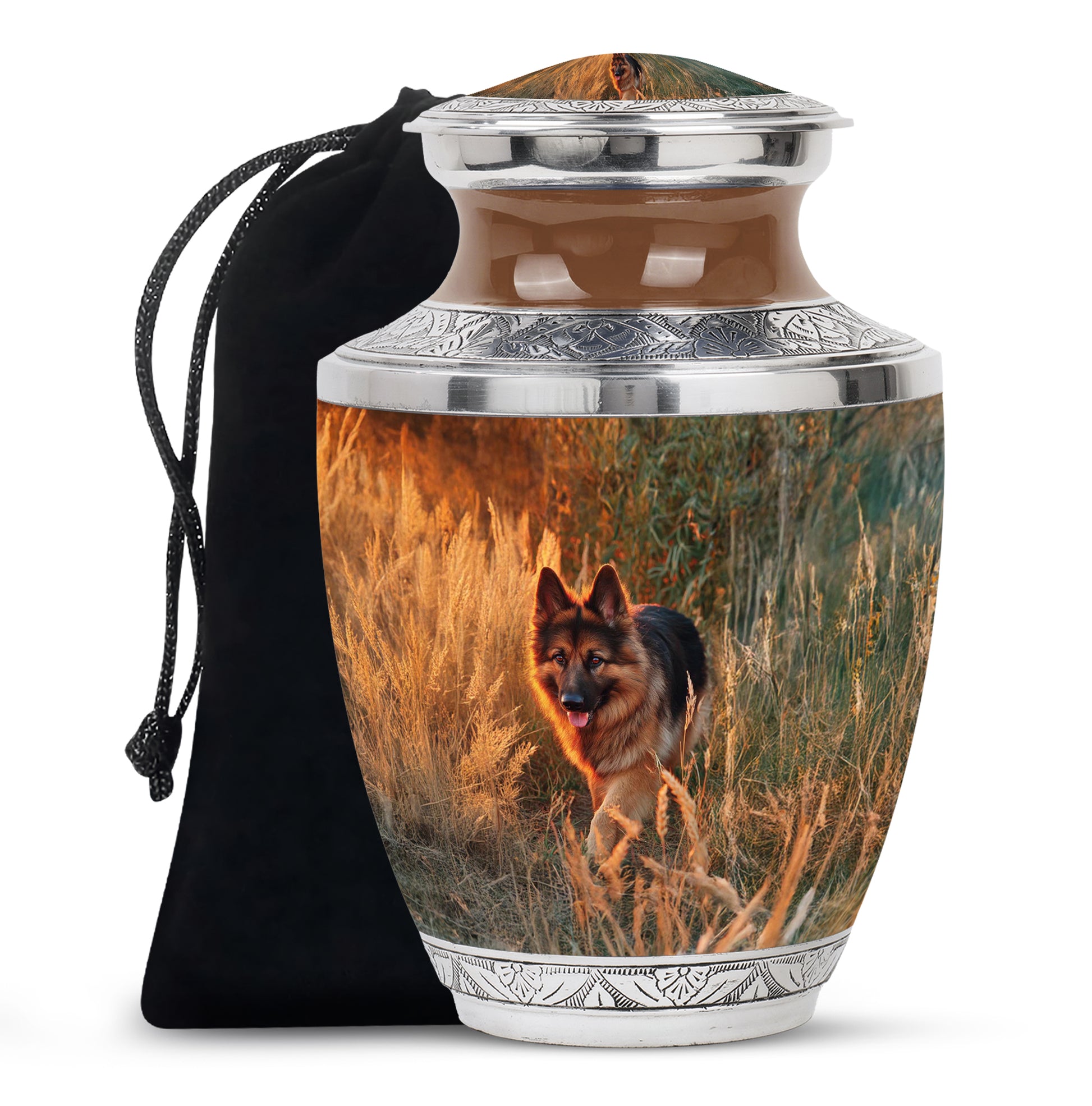 Matte Gold Dog Cremation Urn side profile showing urn shape - stylized abstract dog pattern with bold lines - full-size 10 inch 200 cubic inch adult cremation urn