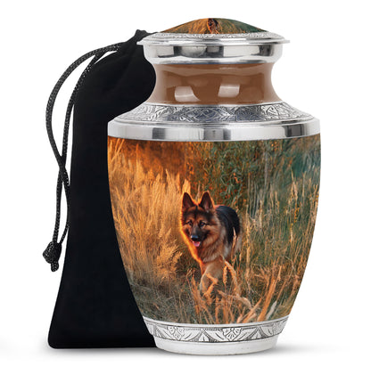 Matte Gold Dog Cremation Urn side profile showing urn shape - stylized abstract dog pattern with bold lines - full-size 10 inch 200 cubic inch adult cremation urn
