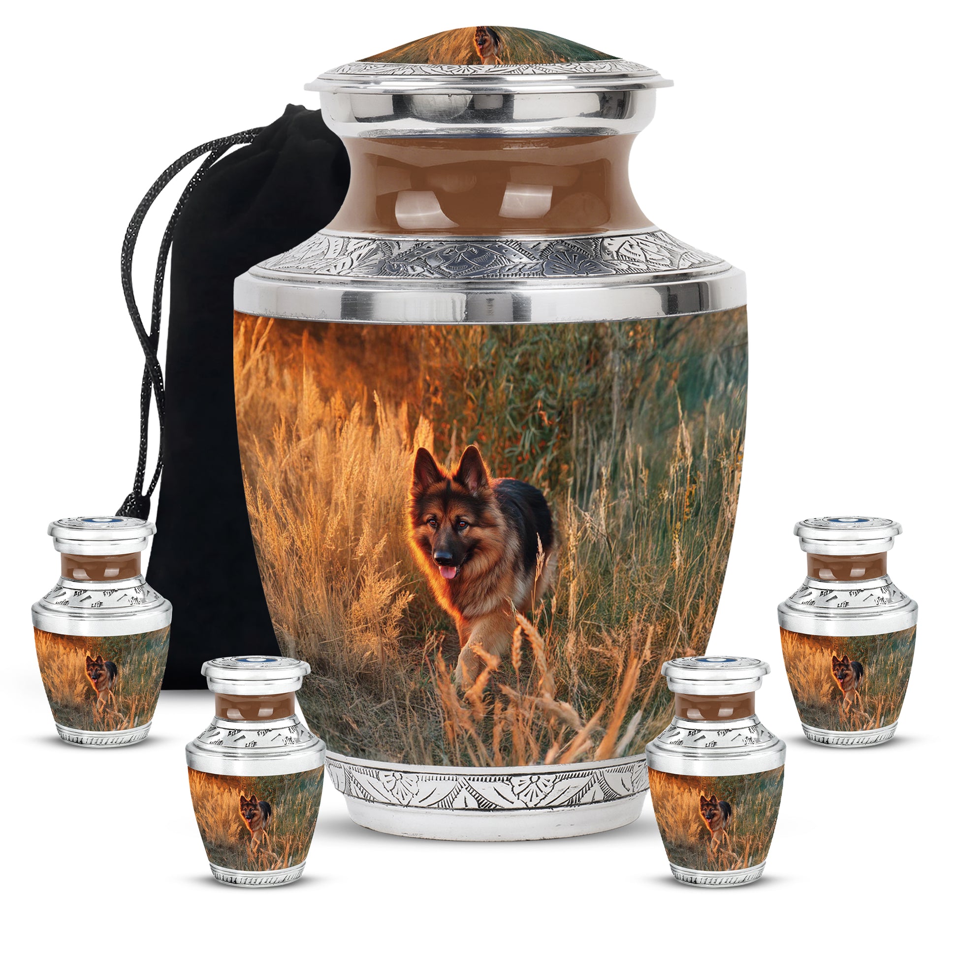 Royal Gold Dog Cremation Urn lifestyle display on memorial shelf - stylized abstract dog pattern with bold lines - memorial set with one large and four small urns