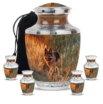 Royal Gold Dog Cremation Urn lifestyle display on memorial shelf - stylized abstract dog pattern with bold lines - memorial set with one large and four small urns