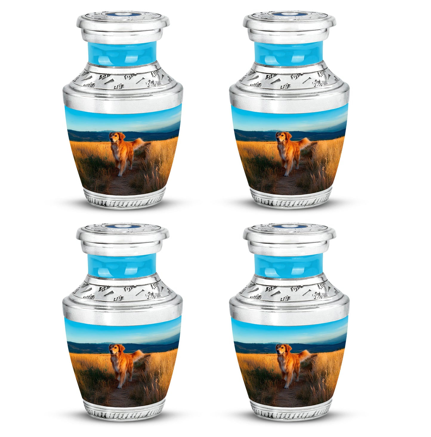 Ocean Teal Dog Cremation Urn back view with polished surface - contemporary dog design with modern artistic flair - 10 inch aluminum urn for cremated remains