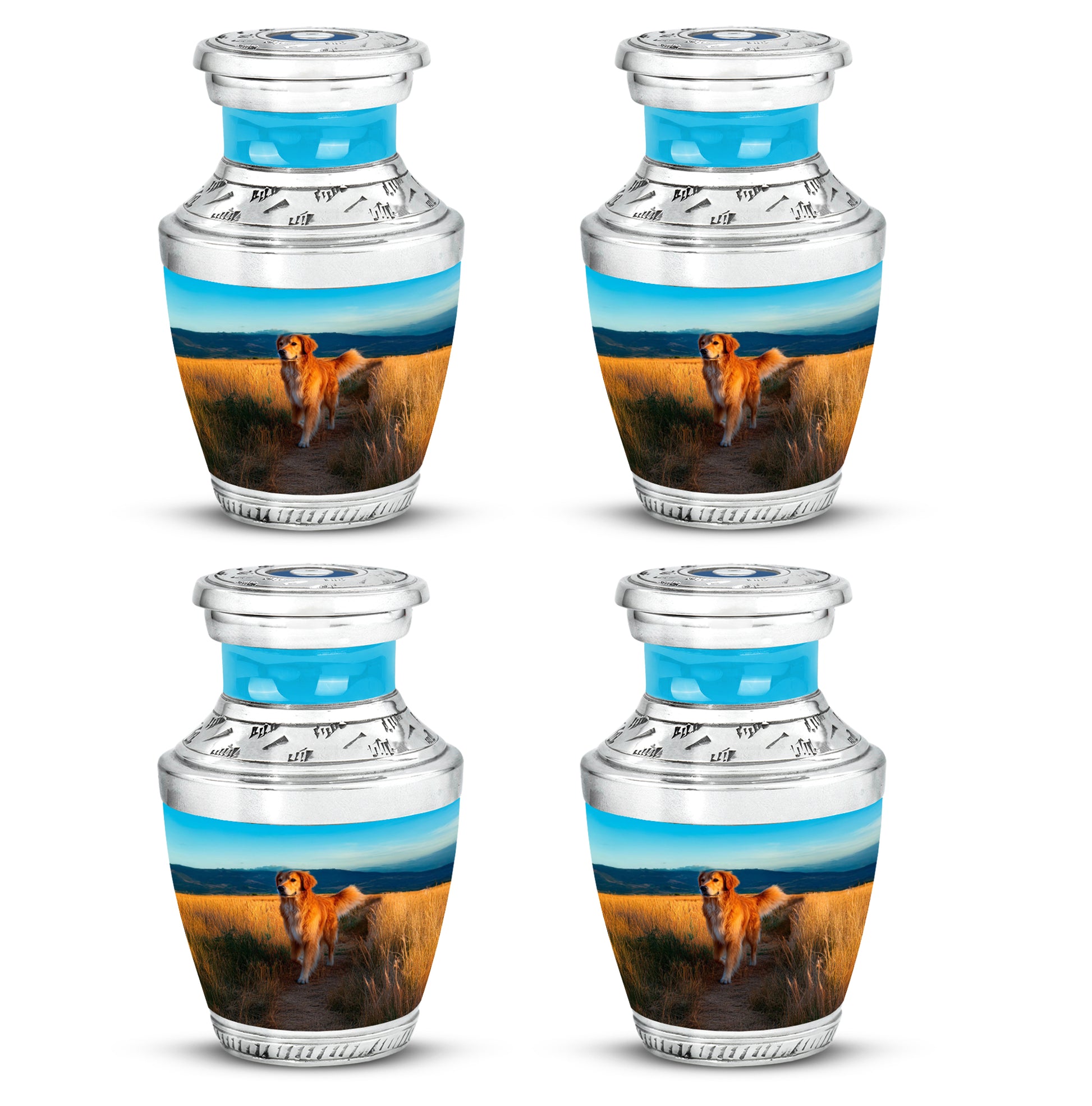 Ocean Teal Dog Cremation Urn back view with polished surface - contemporary dog design with modern artistic flair - 10 inch aluminum urn for cremated remains
